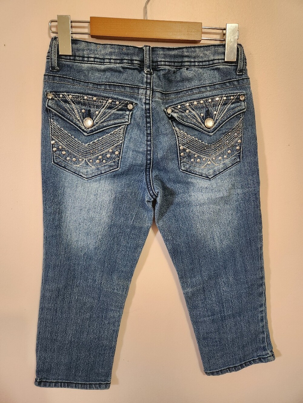 Vintage Y2K Mudd Bling Rhinestone Flap Pocket Denim Capri Crop Jeans Size 12 - Picture 4 of 10